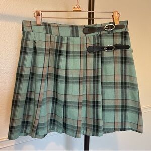 NWT Altar’d State Teal Plaid Pleated Buckle Skirt Women’s Medium